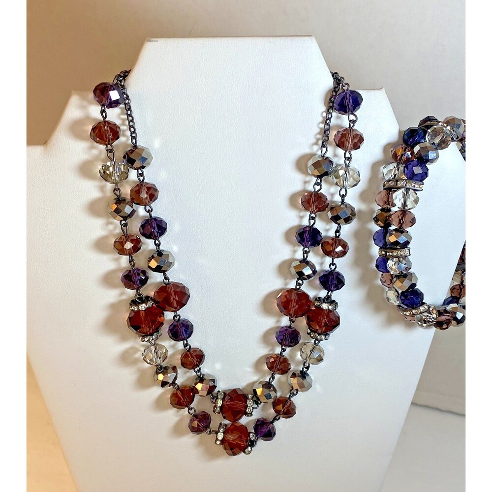 Vintage Crown Trifari Purple Lavender Necklace Bracelet Set Bead Rhinestone